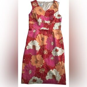 Talbots Vintage Style Springtime Floral Sheath Midi Dress - Red, Pink, Orange